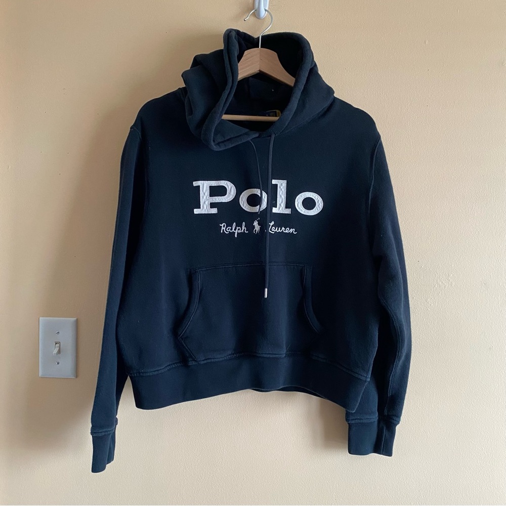 Polo Ralph Lauren Sweatshirt Woman XL Blue Spell Out Logo Preppy Cropped FLAW - Picture 2 of 16